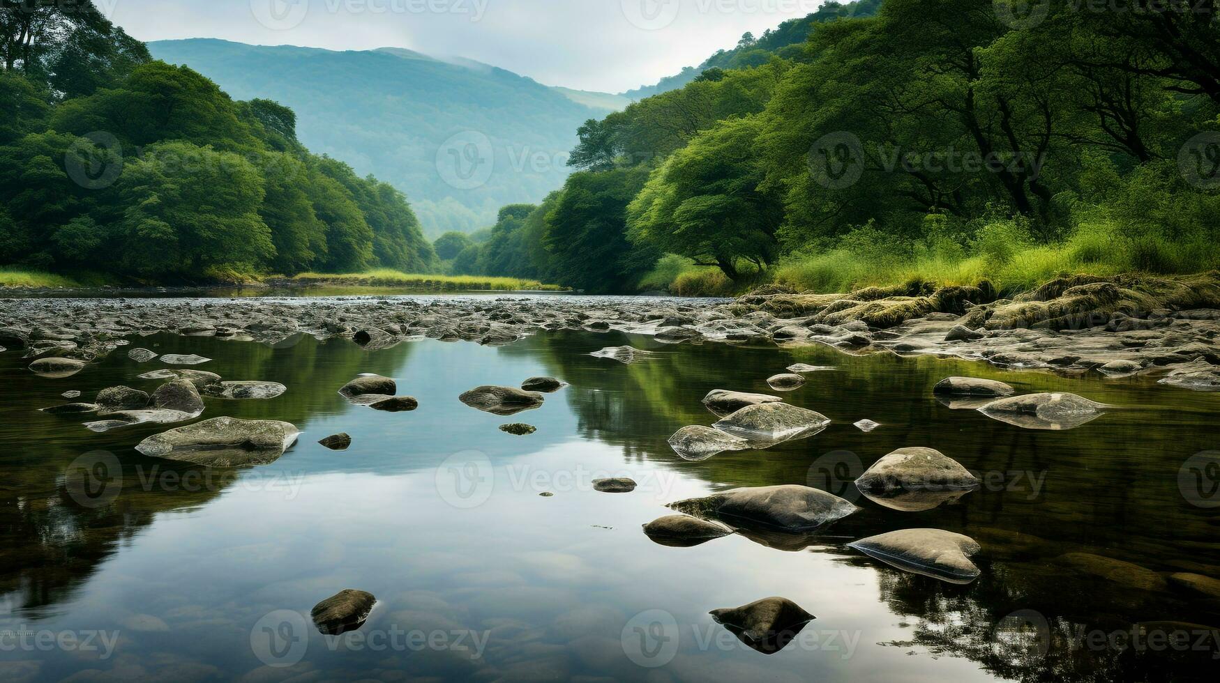 ai genererad en Foto av en lugn, orenad flod strömmande genom en ren naturlig landskap. generativ ai