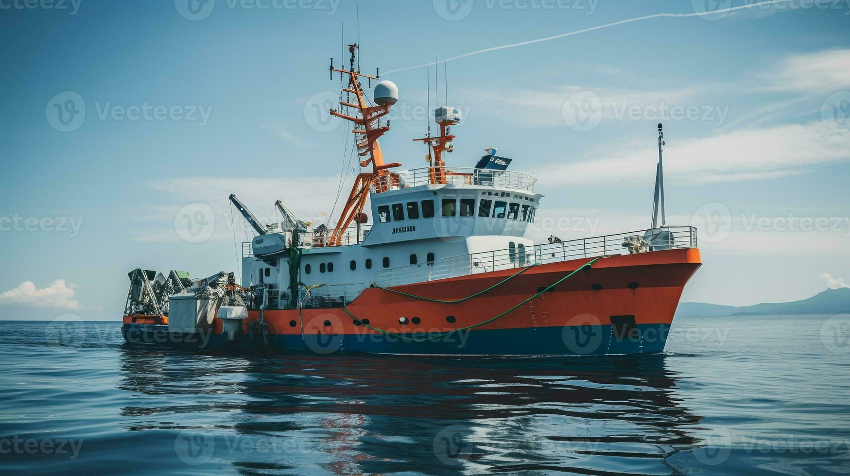 ai genererad en Foto av en forskning fartyg utrustad med Avancerad teknologi för studerar marin förorening. generativ ai