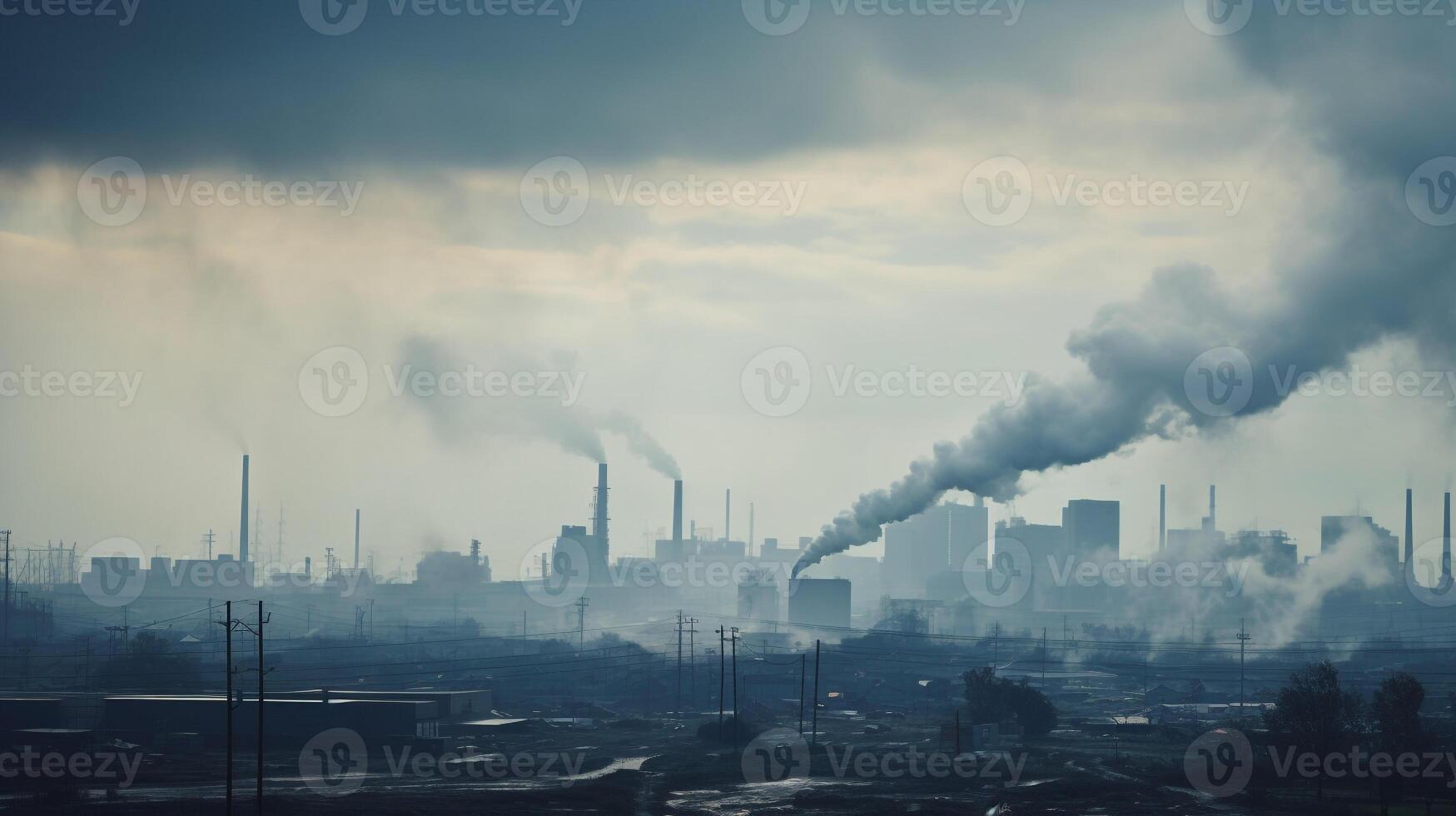 ai genererad en Foto av en stad horisont delvis dolt förbi fabrik rök. generativ ai