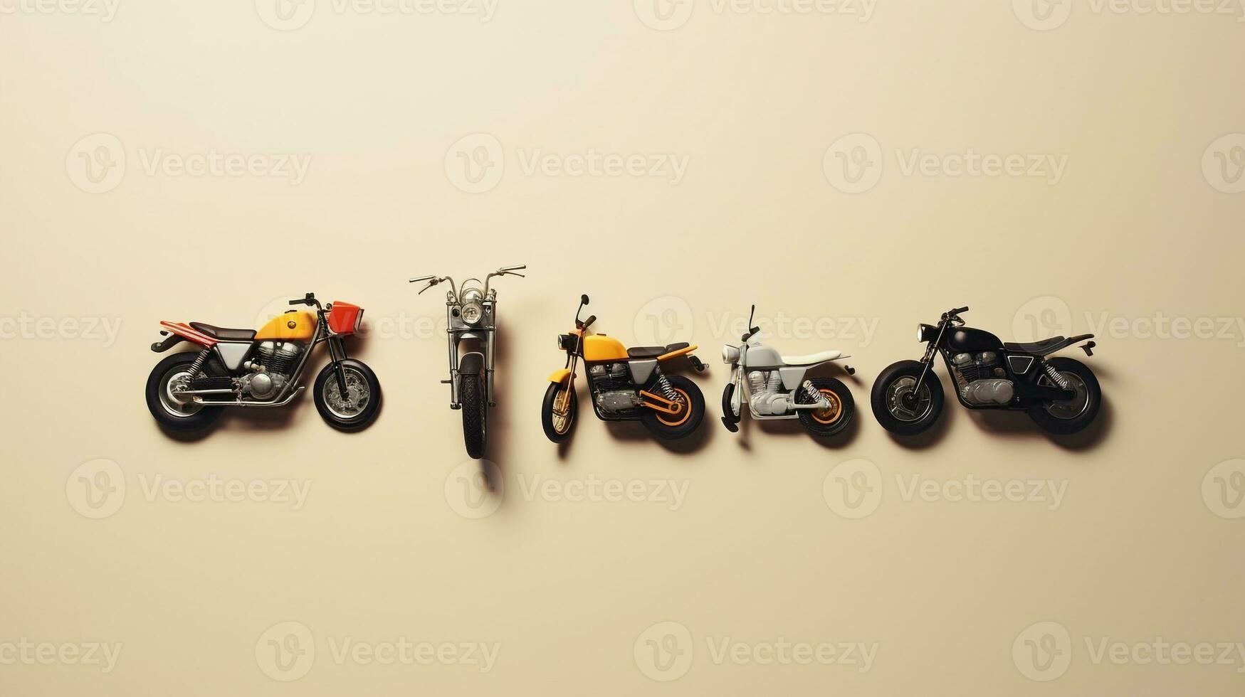 ai genererad skön arrangemang av miniatyr- av fem motorcyklar på tabell. generativ ai foto