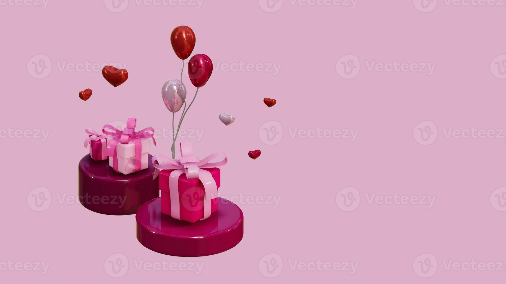 3d tolkning av valentine dag tema, cylinder produkt visa med gåva låda och hjärta ballong form på rosa bakgrund foto