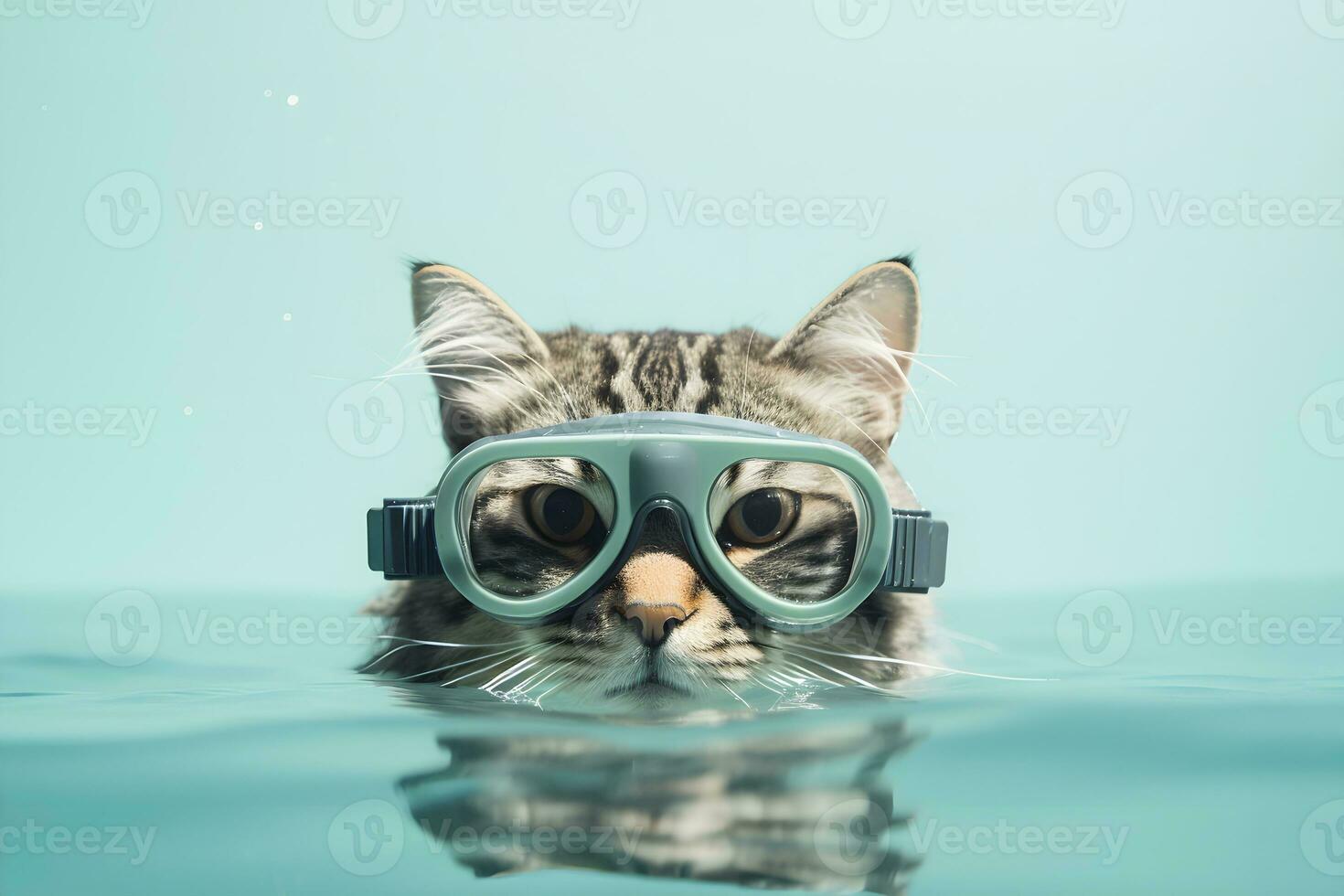 ai genererad katt simmar i de slå samman bär simning glasögon. ai genererad foto