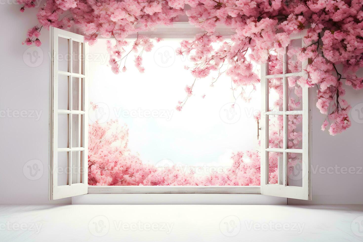 ai genererad vår blomning träd nära öppen vit fönster. springtime bakgrund. ai genererad foto