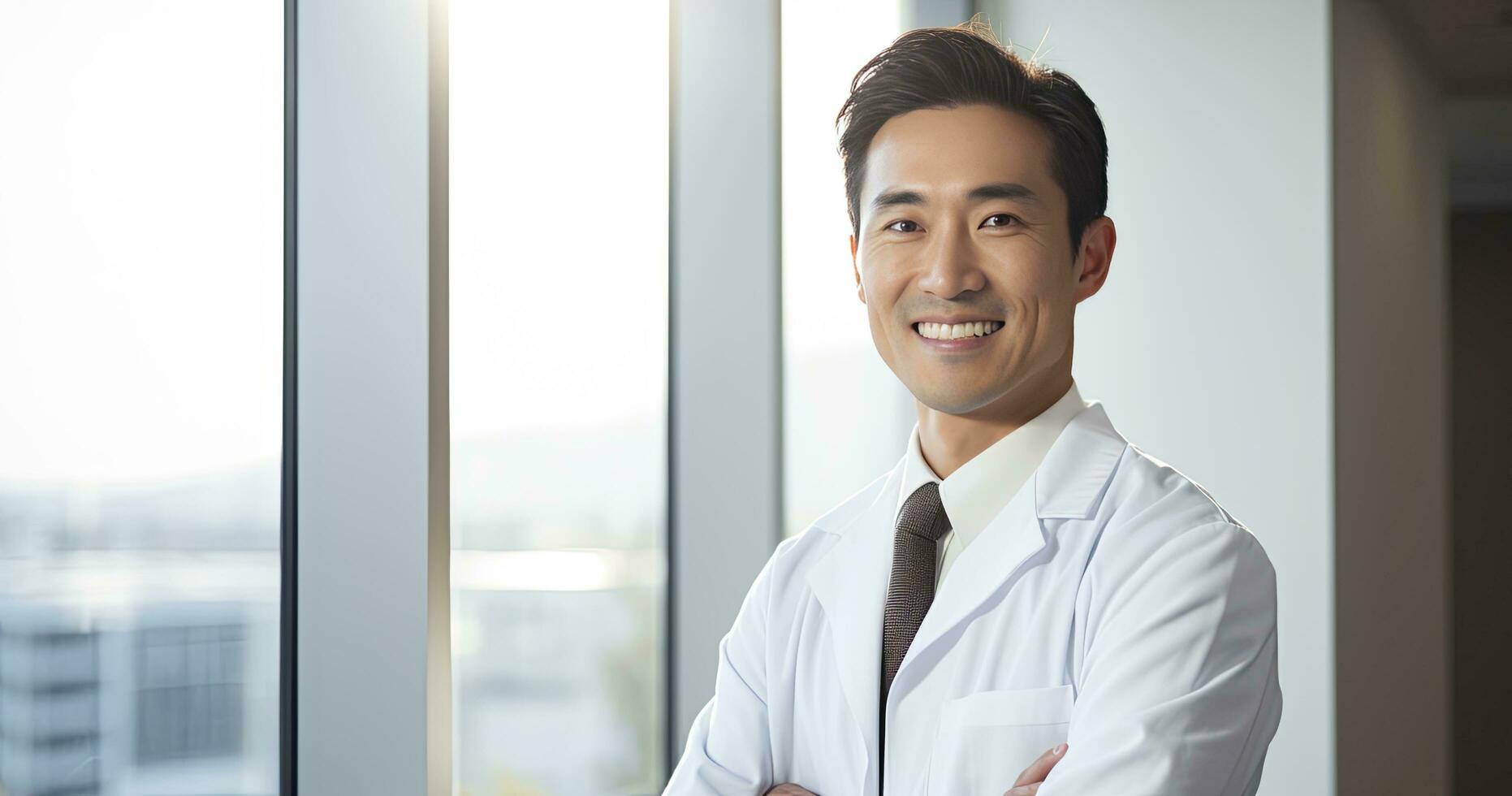 ai genererad porträtt av mogna manlig läkare bär vit täcka stående i sjukhus labb foto