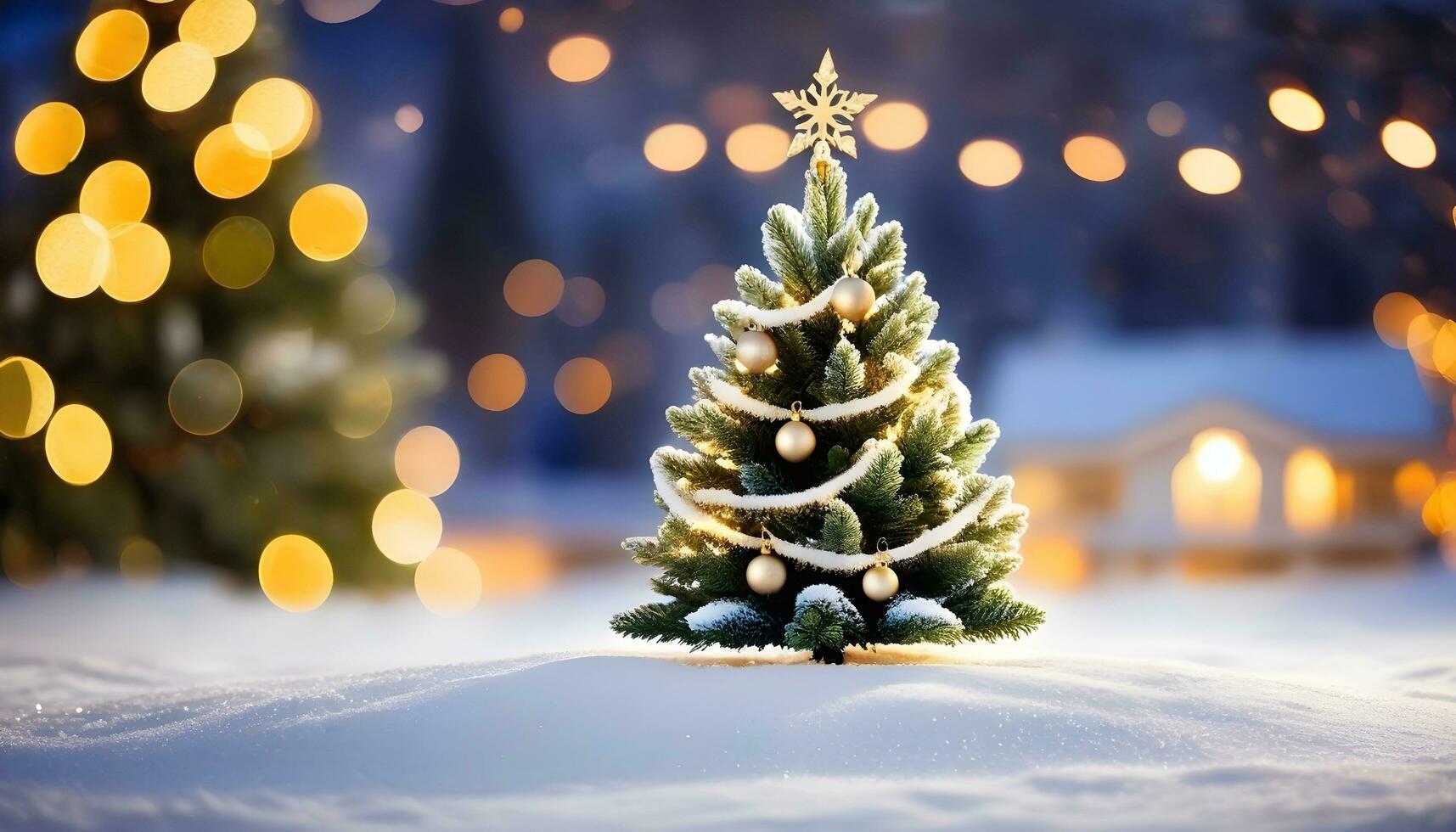 ai genererad en mysigt jul scen en snötäckt fält med en dekorerad träd och en dold hus foto