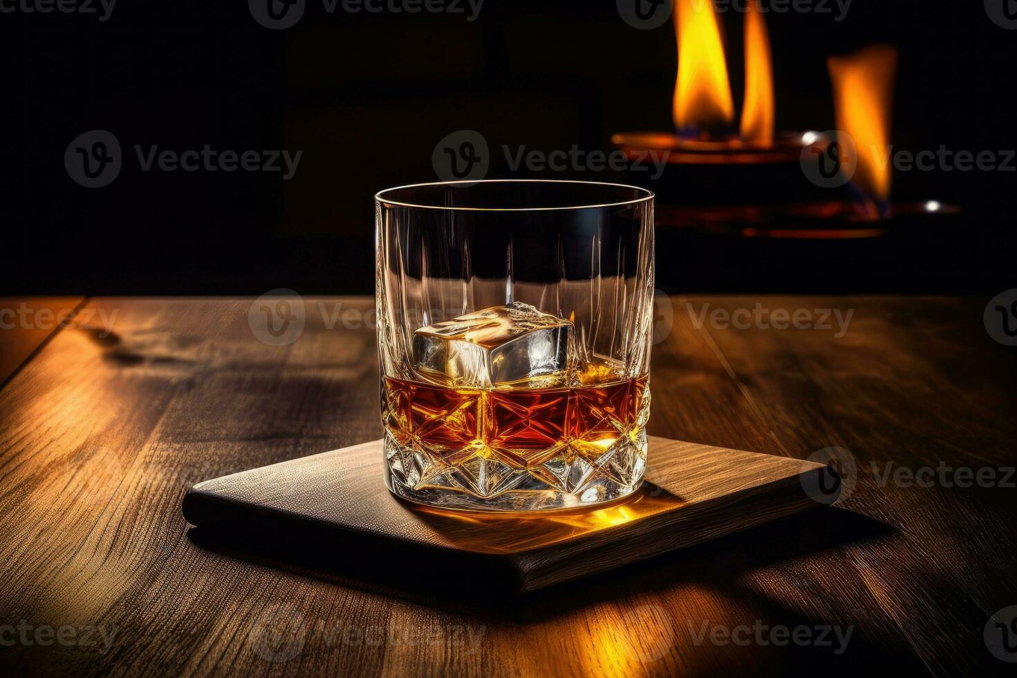 ai genererad glas av whisky med is på en bakgrund foto