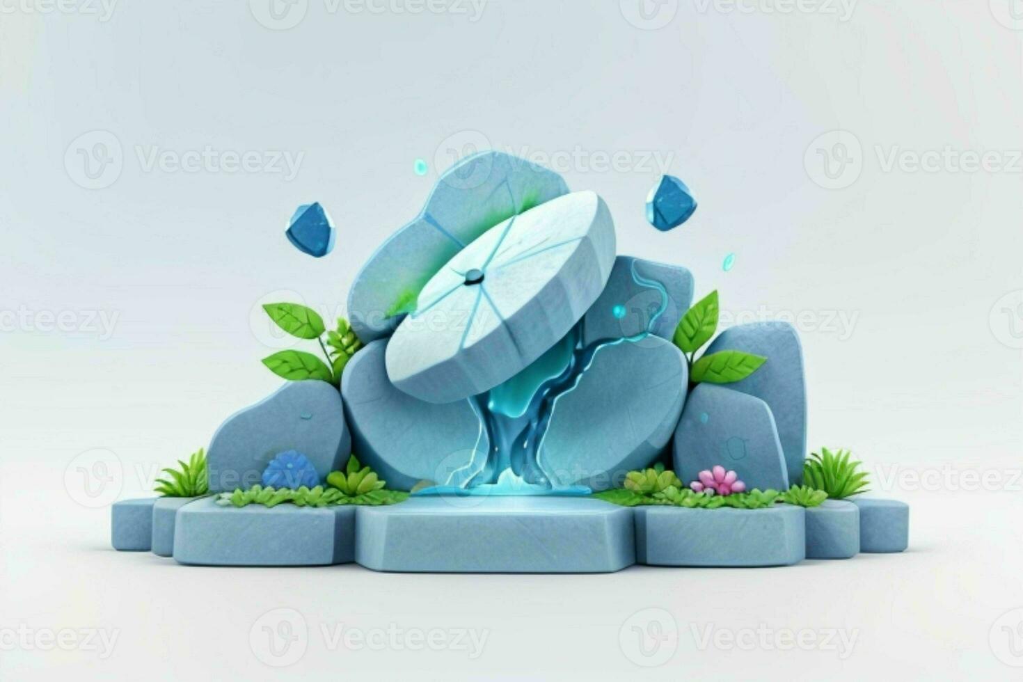ai genererad 3d visa podium sten med blommor, grön löv, och sten för presentation av de produkt. proffs Foto