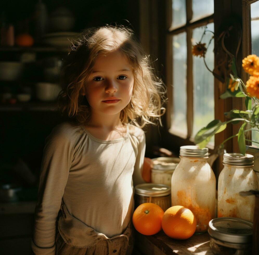 ai genererad en liten flicka stående på en kök tabell full av mat foto