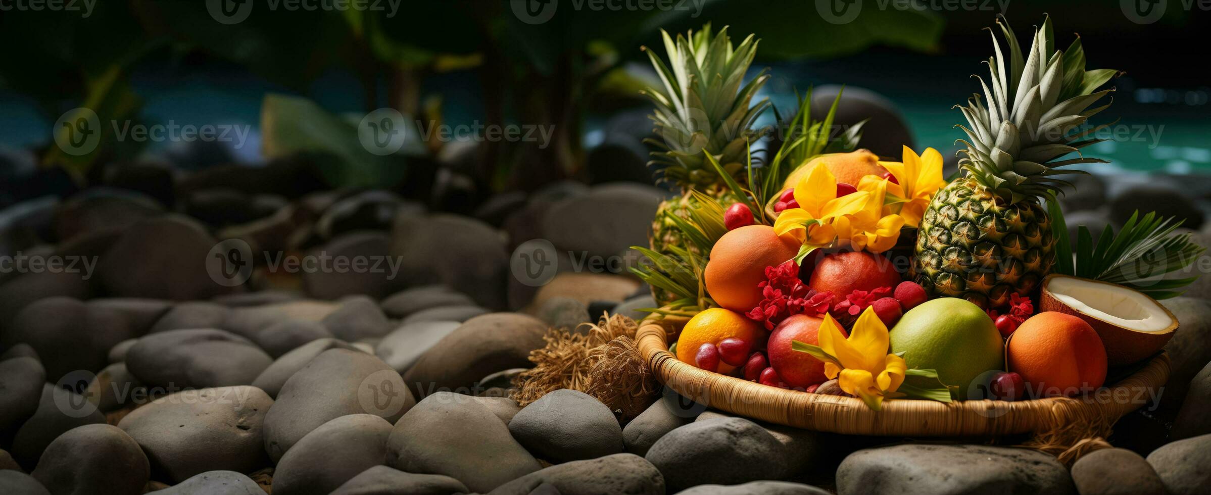 ai genererad en färgrik visa av sommar tropisk frukt tycka om ananas mango och kokosnötter uppsättning mot en bakgrund av en frodig djungel eller strand foto