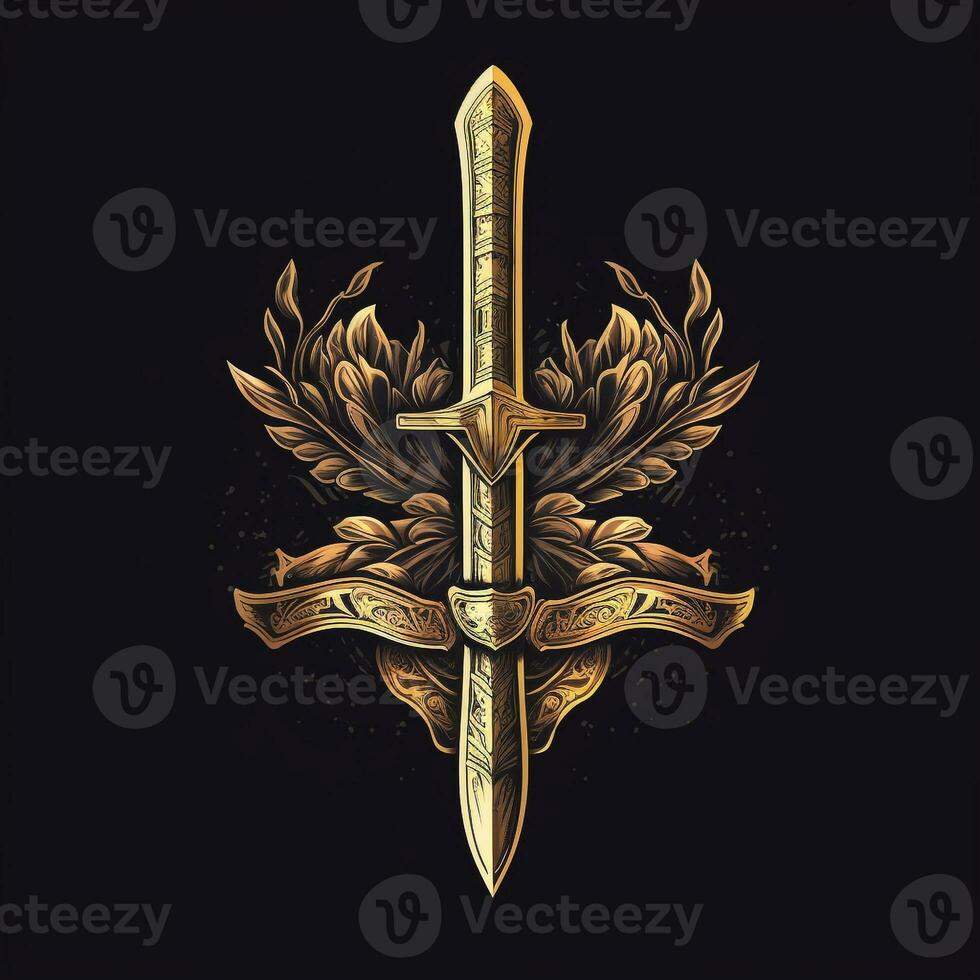 ai genererad oärlig logotyp terar en svärd i guld på en svart bakgrund. generativ ai foto