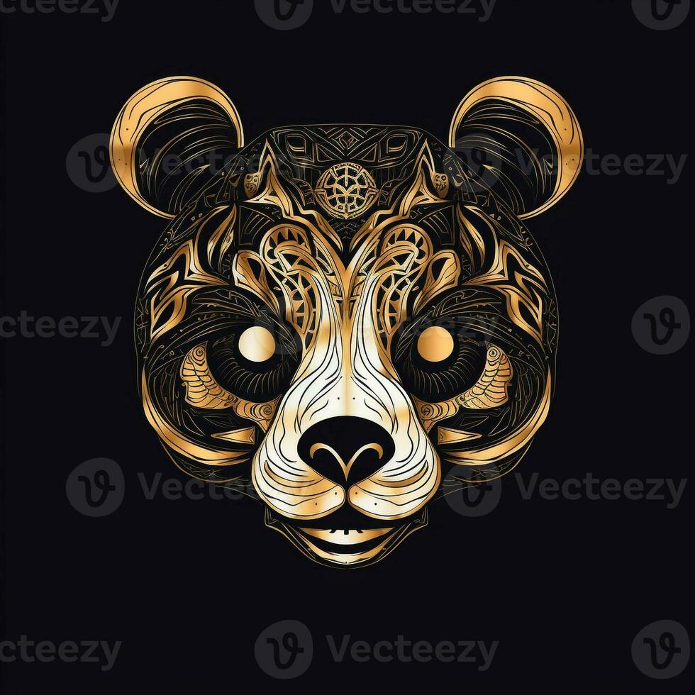 ai genererad oärlig logotyp terar en panda huvud i guld på en svart bakgrund. generativ ai foto