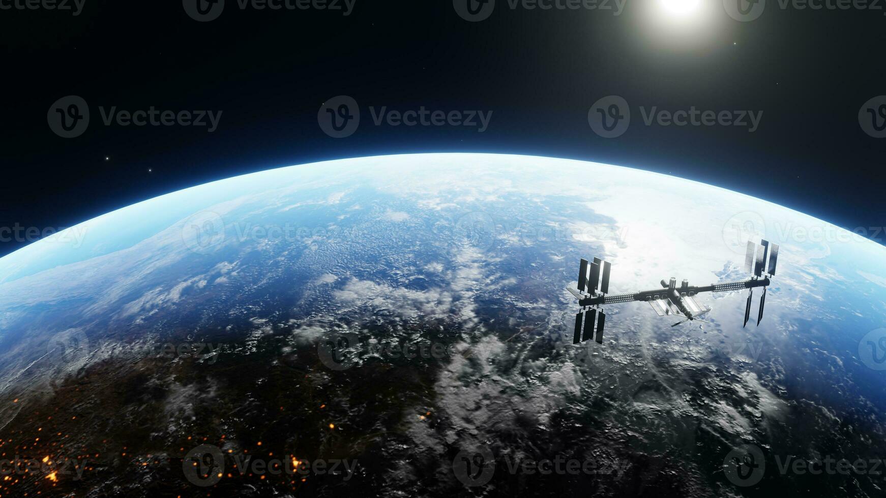 rymdskepp utplacering sol- paneler använder sig av modern Plats teknologi under de natt. kretsande rymdskepp i de universum, shuttle in i atmosfär. bilder från nasa. återges 3d illustration foto