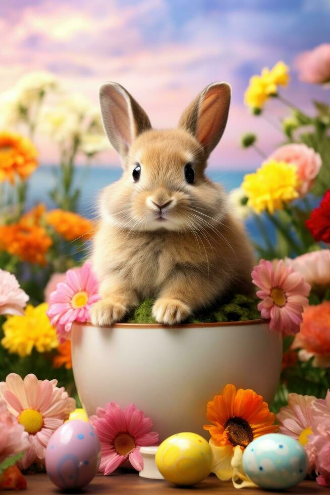 ai genererad en nyckfull Foto av en kanin gumlar på en morot, med påsk ägg och vår blommor