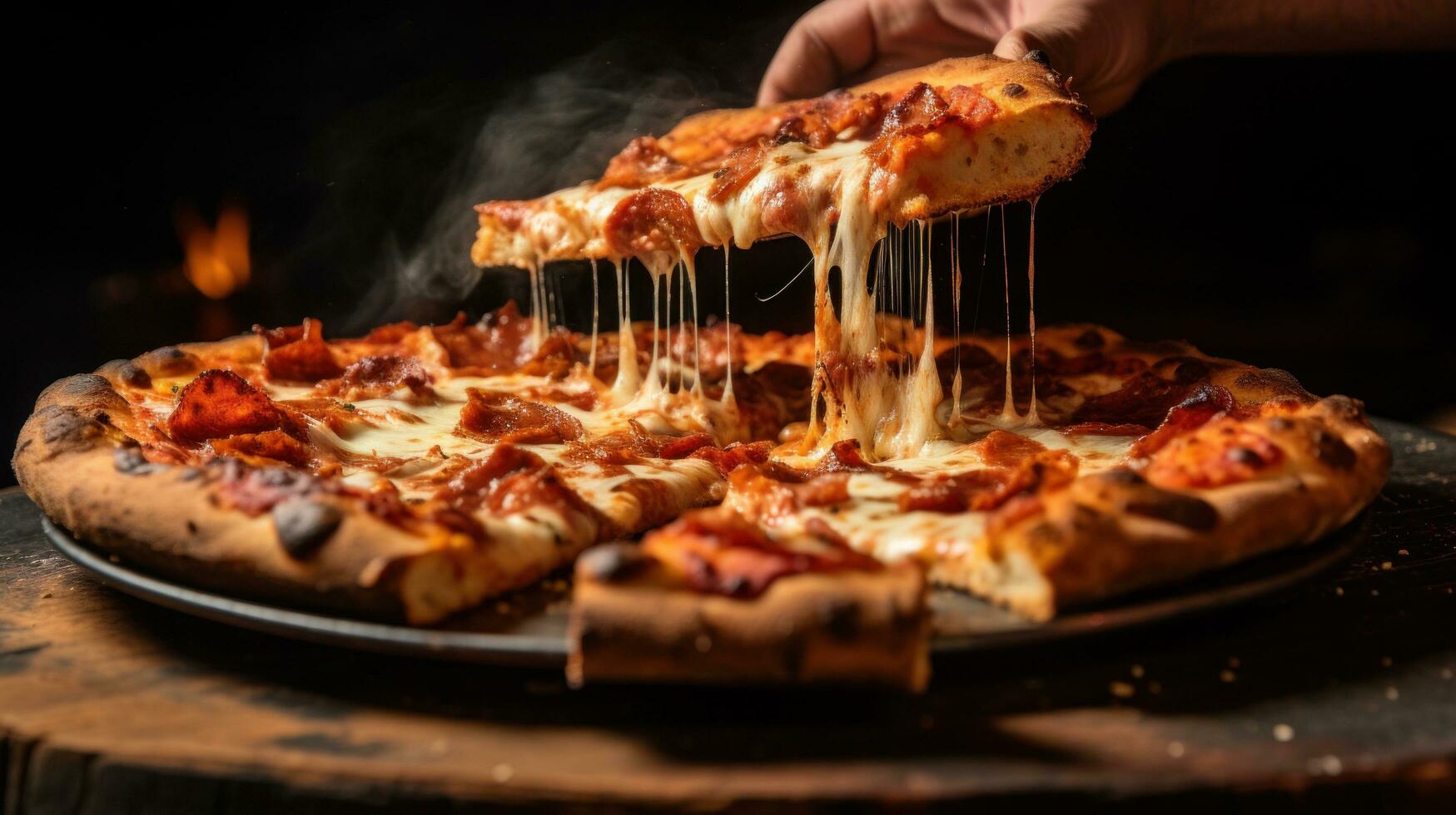 ai genererad person tar en skiva av pizza från en ångande varm paj, foto