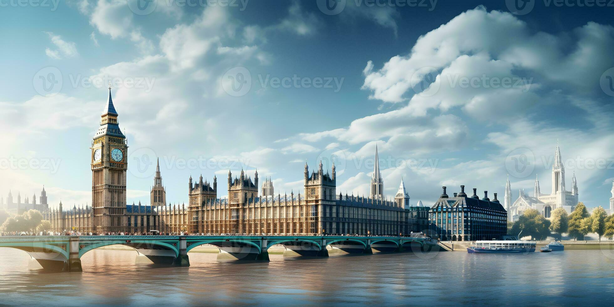 ai genererad stor ben och hus av parlament, london, Storbritannien. panorama foto