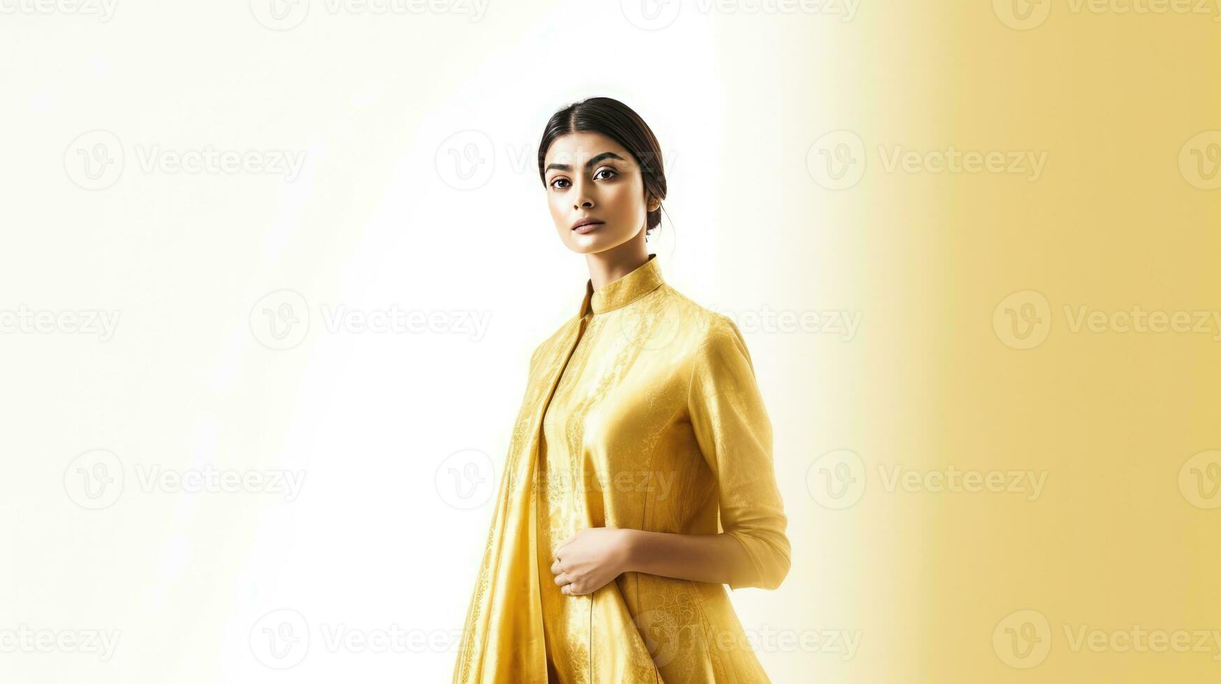 ai genererad kvinna modell bär gul guld täcka foto
