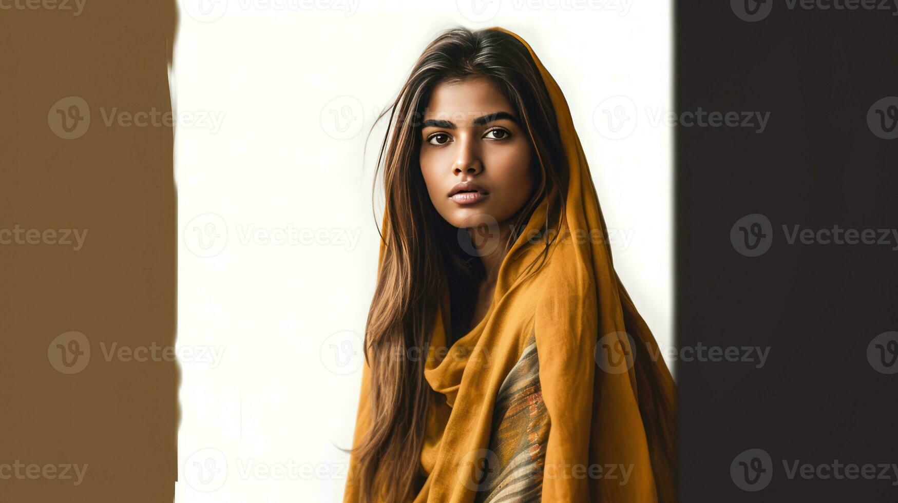 ai genererad skön kvinna med lång hår bär en gul scarf foto