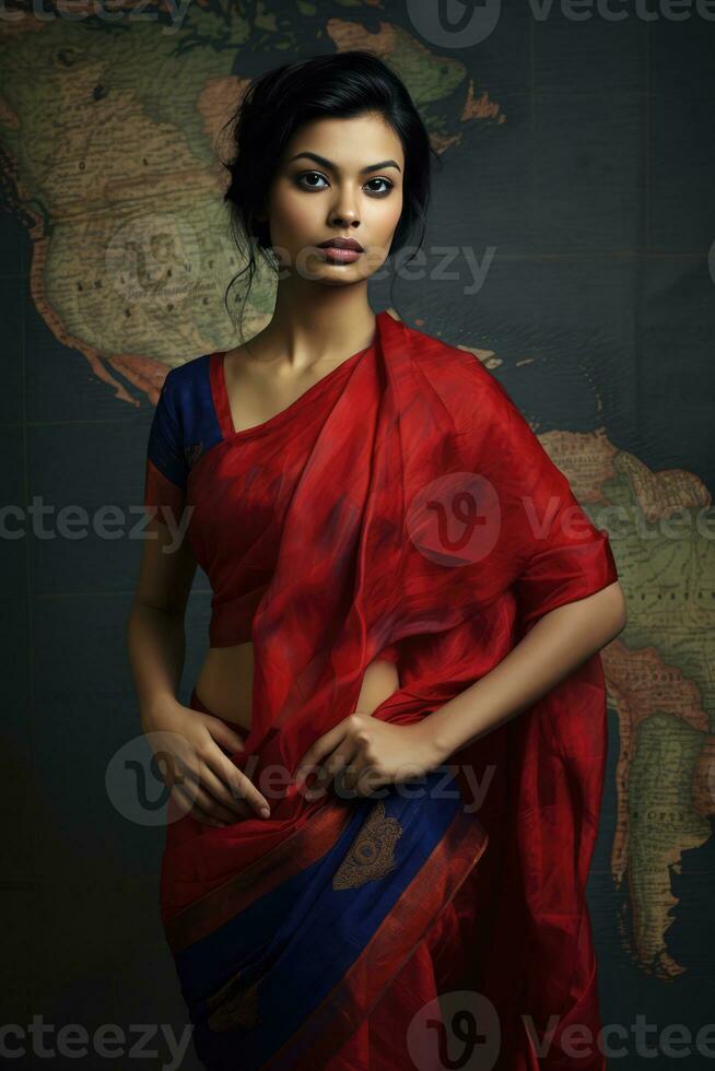 ai genererad elegant indisk kvinna i en röd sari foto