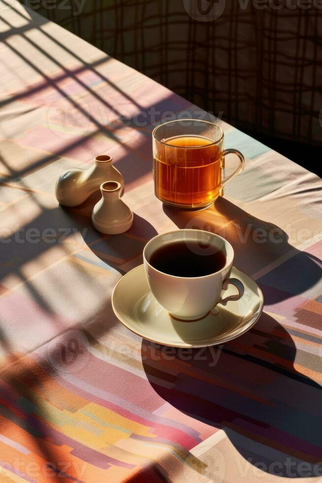 ai genererad solbelyst kaffe uppstart på en tabell förbi de fönster foto