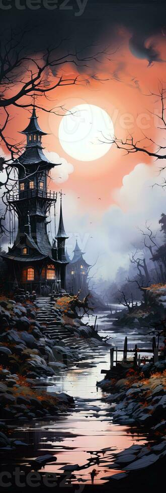 fantastisk läskigt landskap bakgrund för halloween bokmärke. ai generativ konst foto