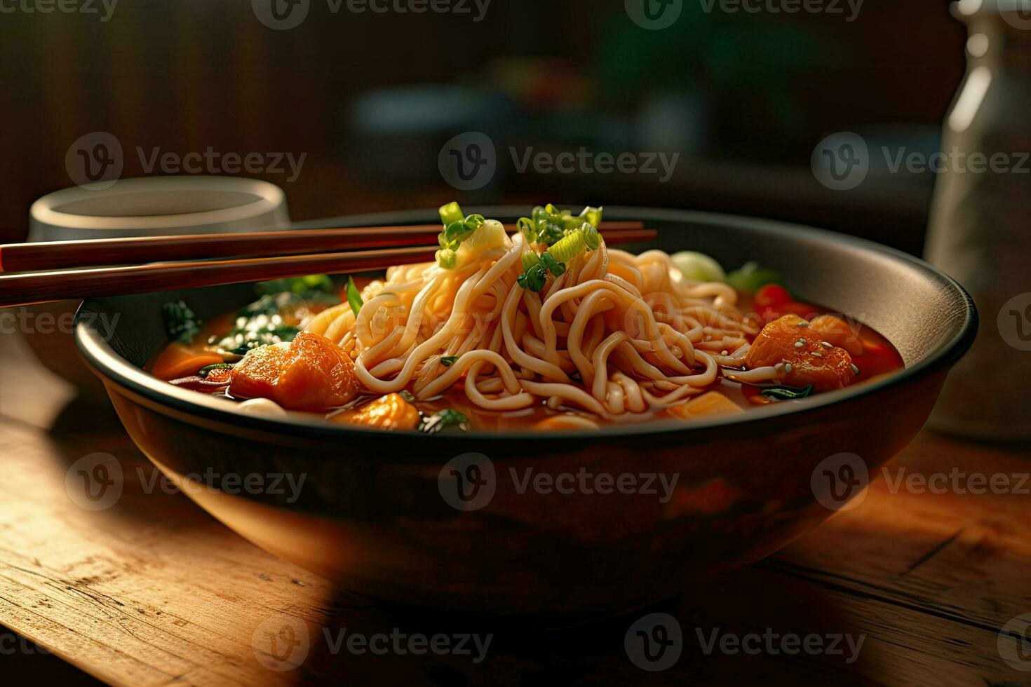 ai genererad utsökt Ramen på mörk yta foto