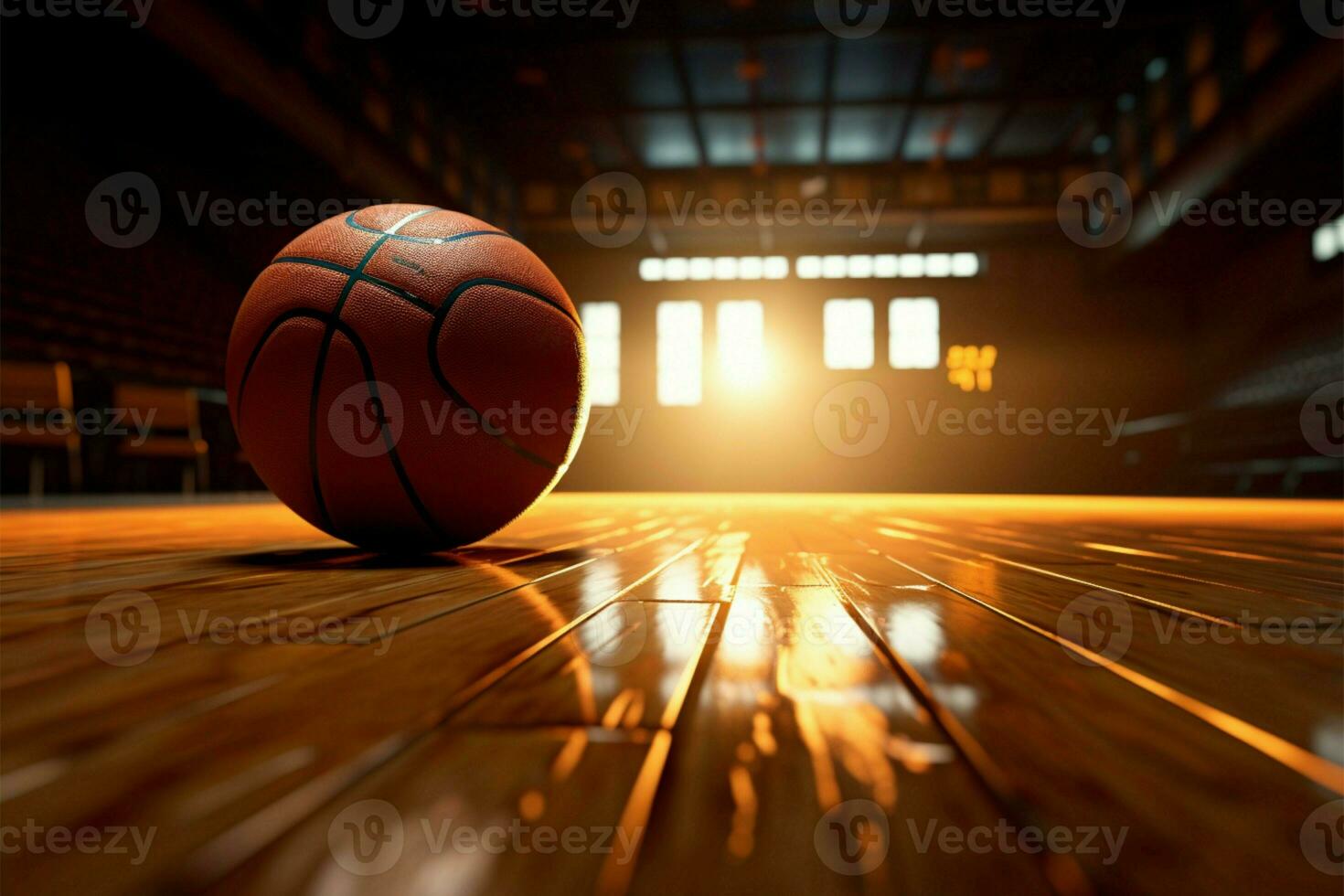 ai genererad hårt träslag uppgörelse konkurrenskraftig basketboll spel på en trä texturerad domstol golv foto