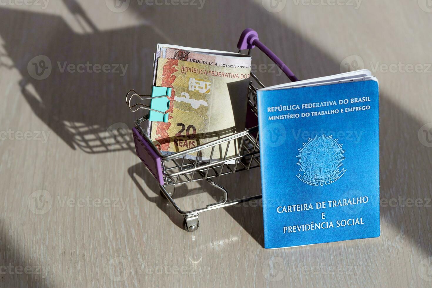 brasiliansk arbete kort och social säkerhet blå bok och reais pengar räkningar i handla vagn foto