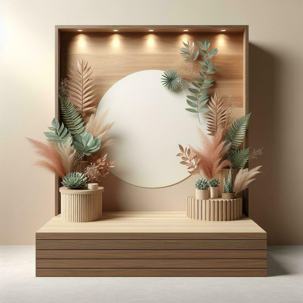 ai genererad trä- visa podium med växter och trä- vägg foto