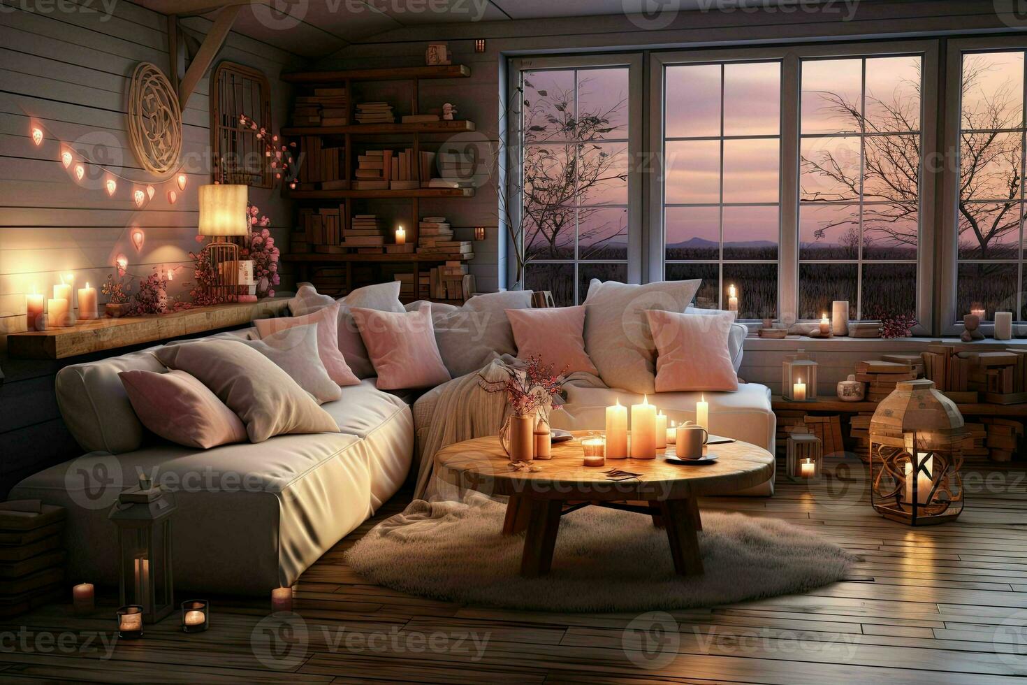 ai genererad romantisk reträtt modern hjärtans levande rum, modern levande rum dekorerad för valentine foto
