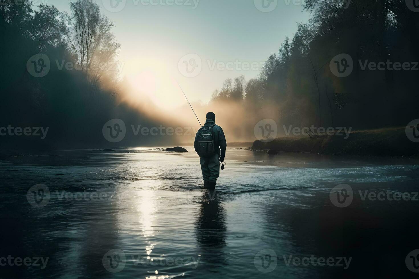 ai genererad fiskare förbi de sjö på gryning. neuralt nätverk ai genererad foto