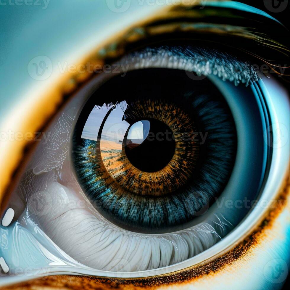 ai genererad stänga upp av mänsklig öga med blå iris. generativ ai foto