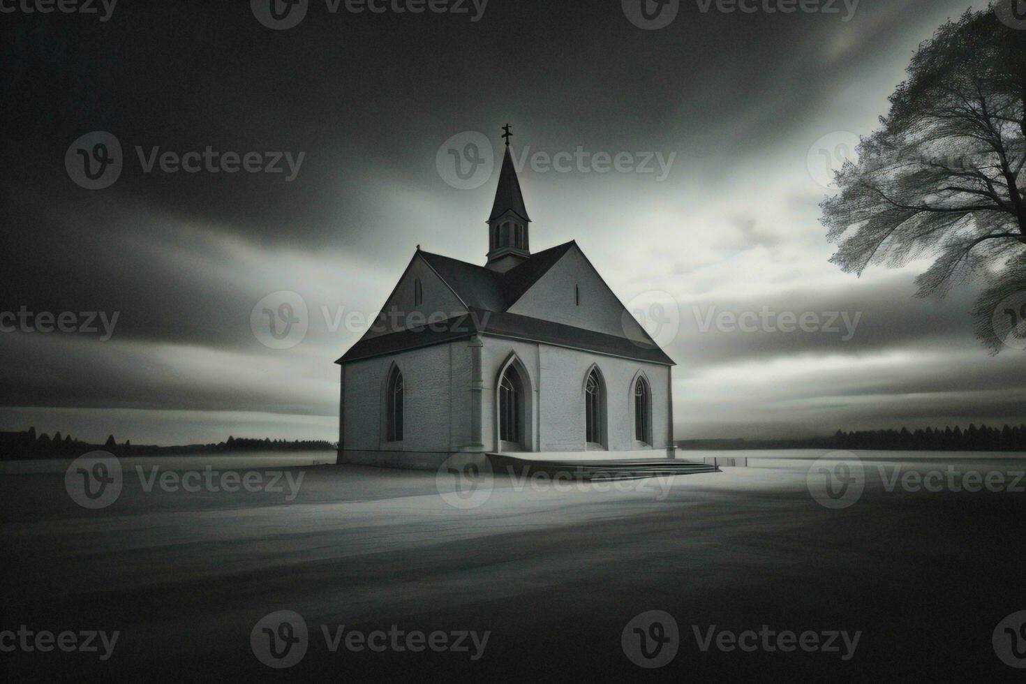 ai genererad kyrka på de sjö i de kväll. svart och vit Foto. generativ ai foto