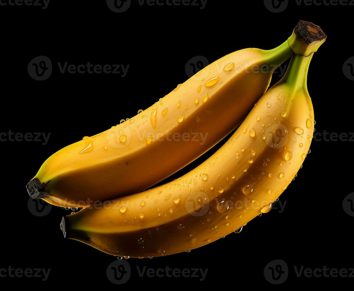 ai genererad bananer på svart bakgrund med vatten droppar foto