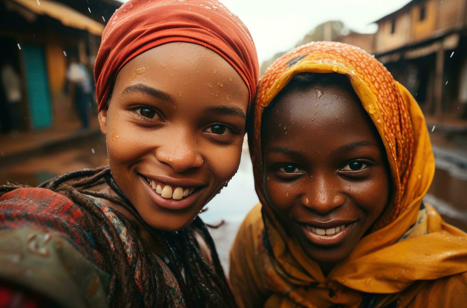 ai genererad två afrikansk kvinnor stående i främre av de kamera tar en selfie foto