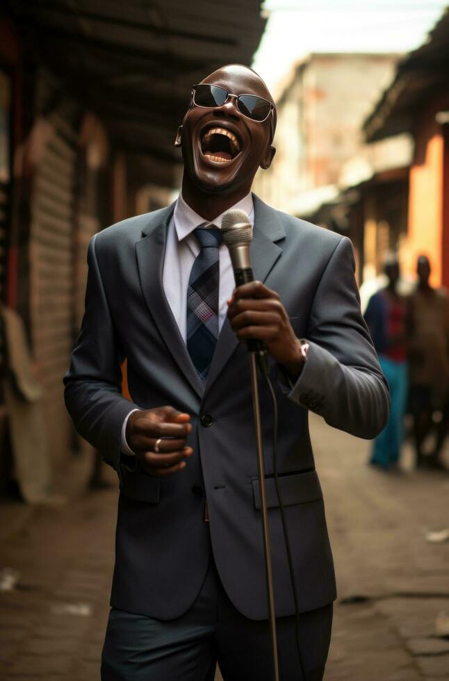 ai genererad ett afrikansk man i en kostym innehav en mikrofon foto