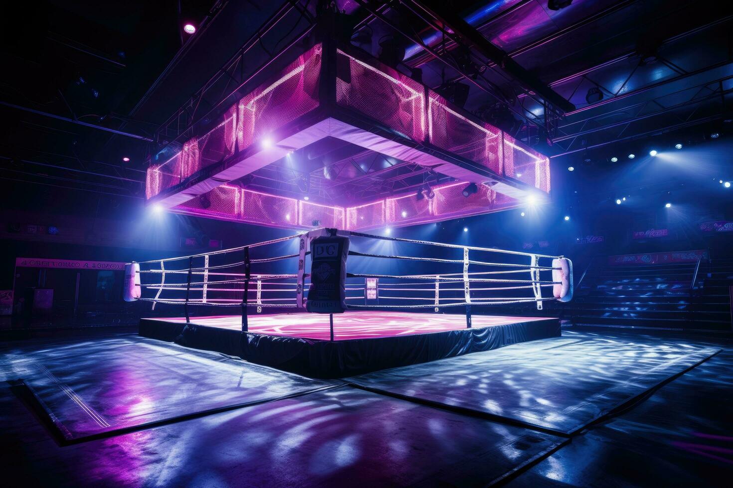 ai genererad boxning ringa i en mörk arena upplyst förbi ultraviolett ljus. 3d tolkning, boxning bekämpa ringa, boxning arena för avsedd för mma tändstickor, ai genererad foto