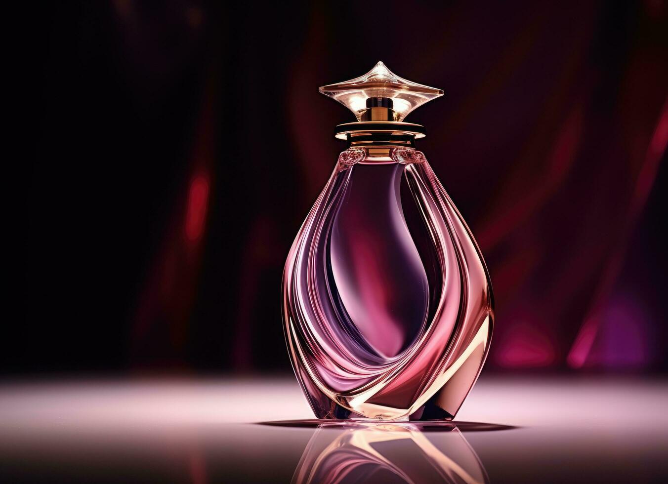 ai genererad en mörk bild av en parfym flaska med lila lysande ljus foto