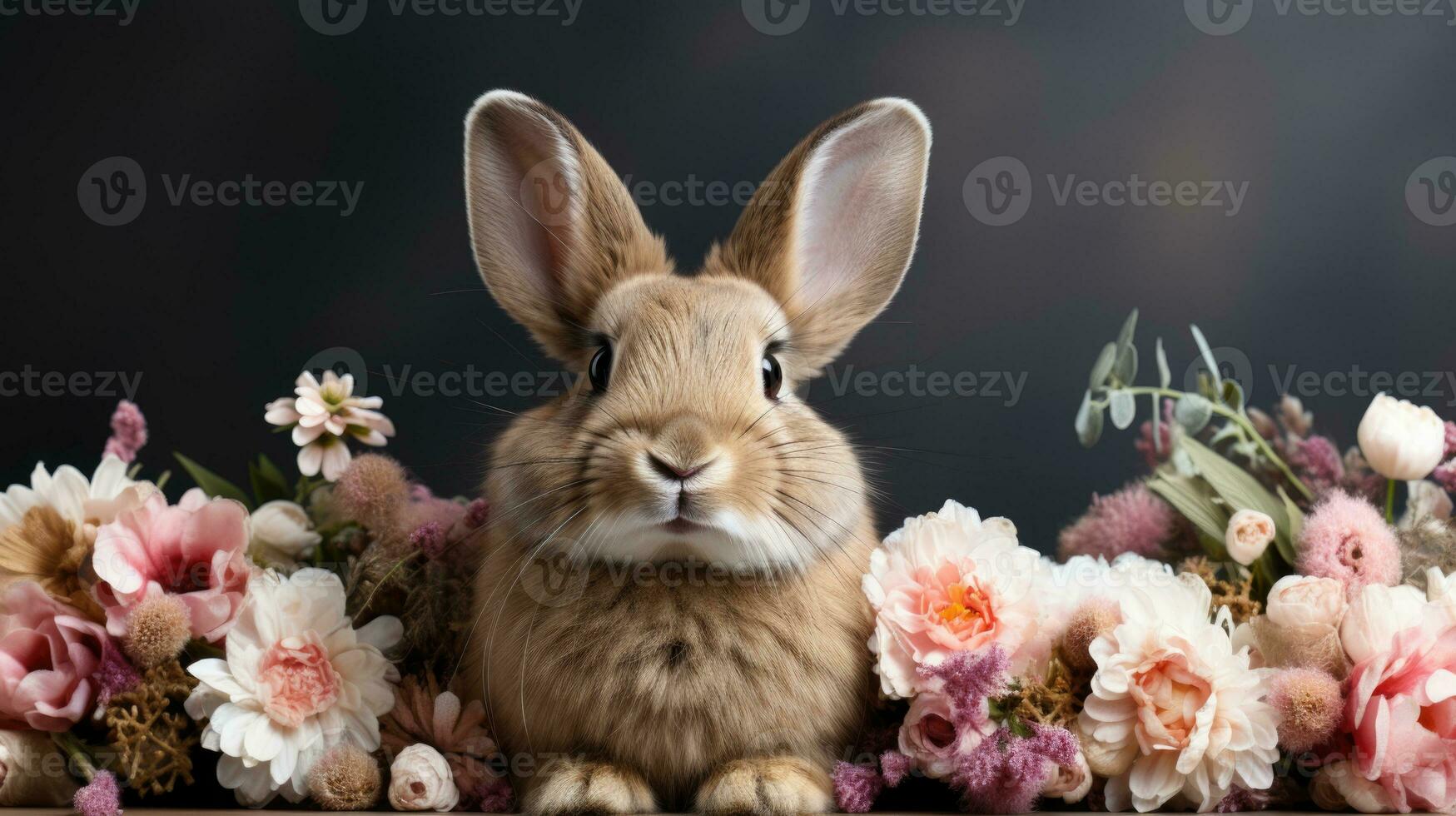 ai genererad förtjusande kanin bland vår blommor i vibrerande porträtt. foto