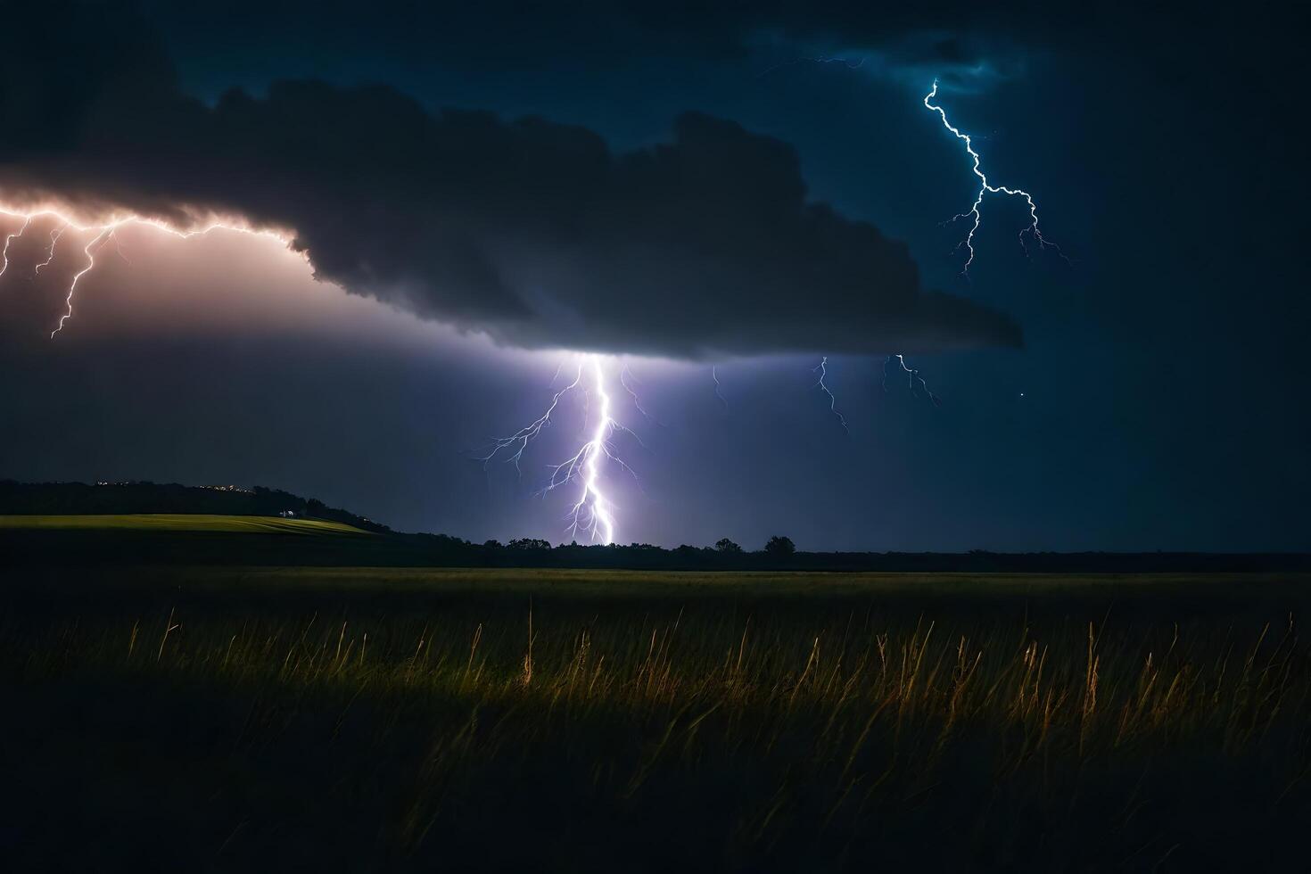 ai genererad blixt- strejker över en fält i de mörk foto