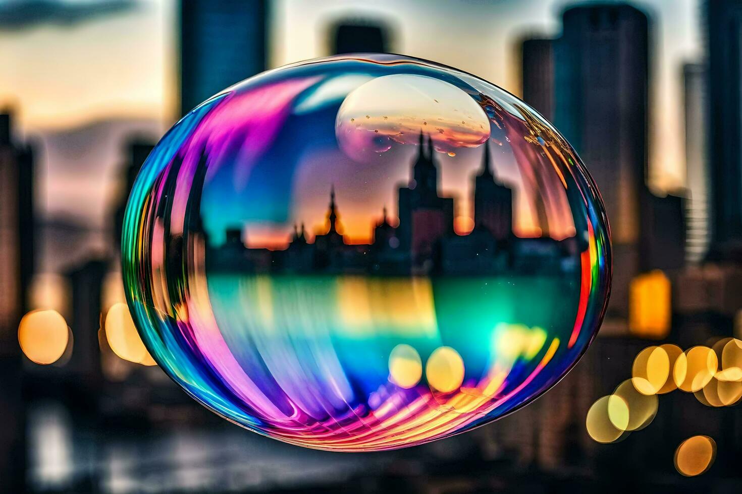 ai genererad en färgrik bubbla med en stad i de bakgrund foto