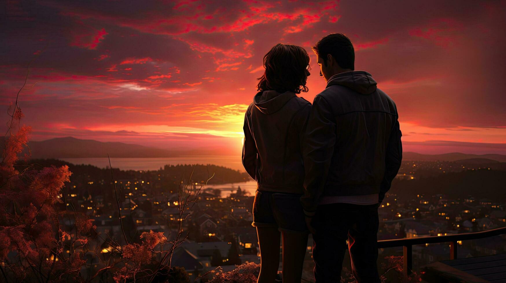 ai genererad par i kärlek man och kvinna innehav händer kramas och kissing romantiskt på solnedgång, kärlek illustration för hjärtans dag foto