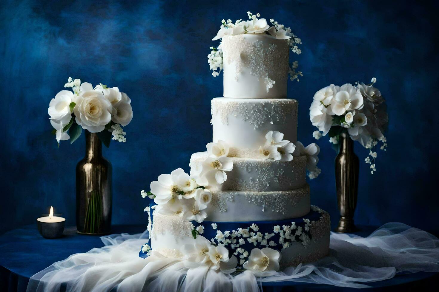 ai genererad en bröllop kaka med vit blommor och blå tyg foto