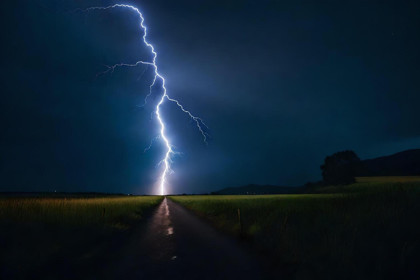 ai genererad blixt- bult slående de himmel över en väg foto