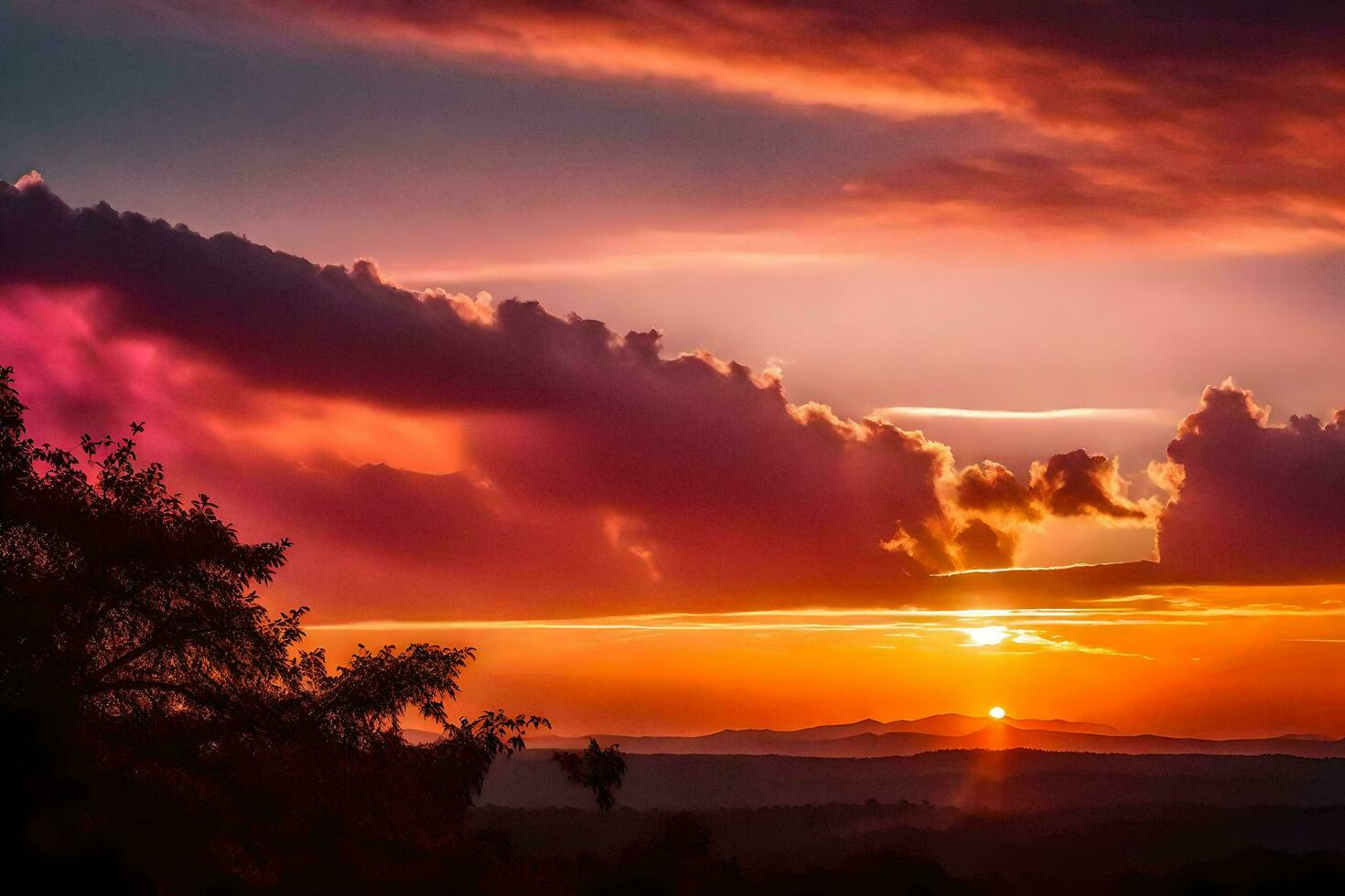 ai genererad de Sol uppsättningar över en berg räckvidd med moln foto