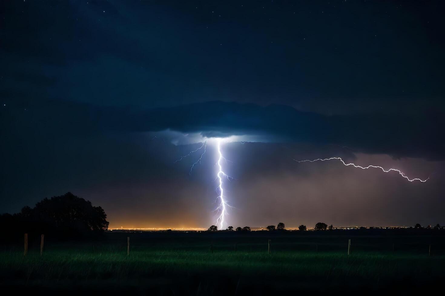 ai genererad en blixt- bult är sett i de himmel över en fält foto