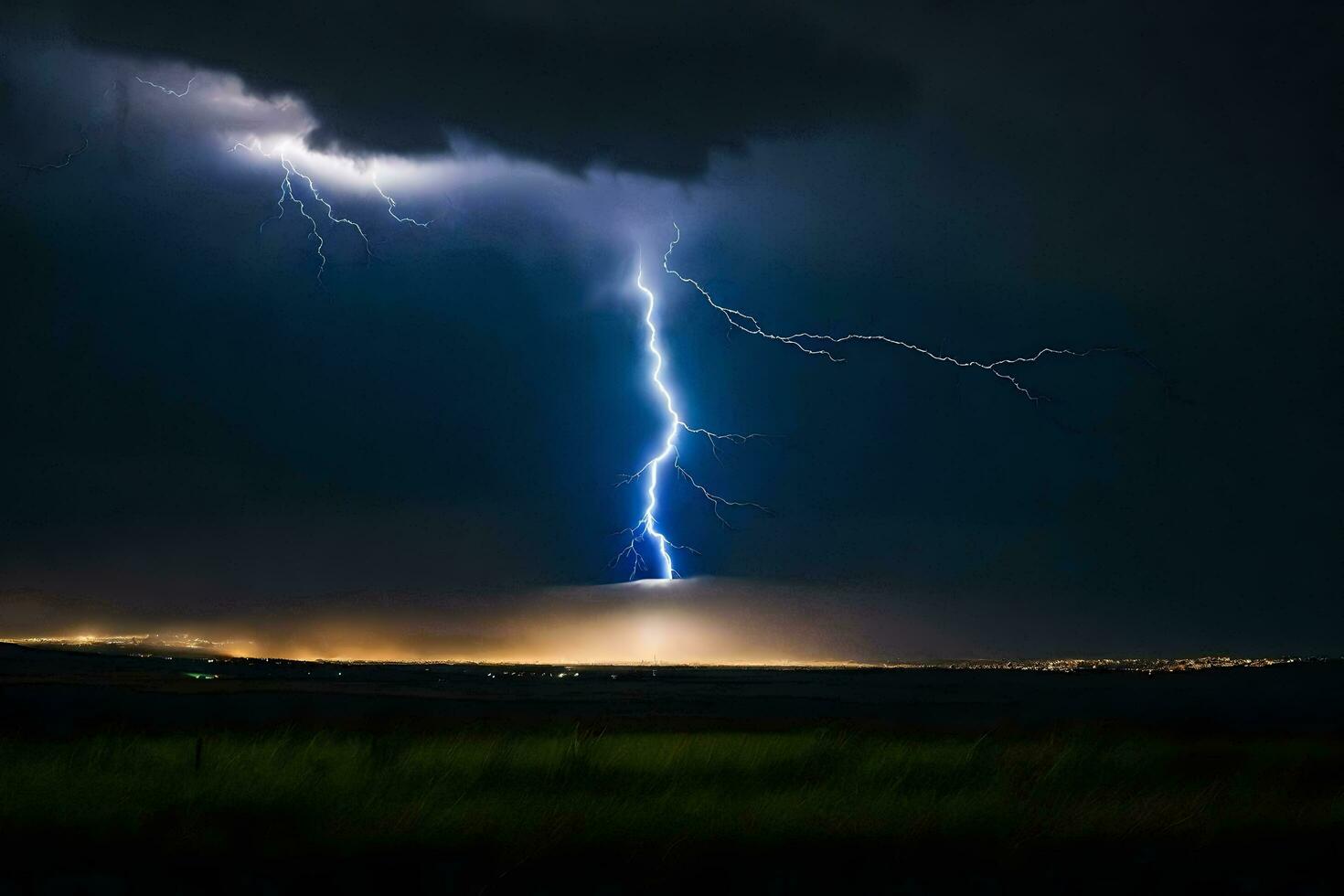 ai genererad en blixt- bult är sett i de himmel över en fält foto