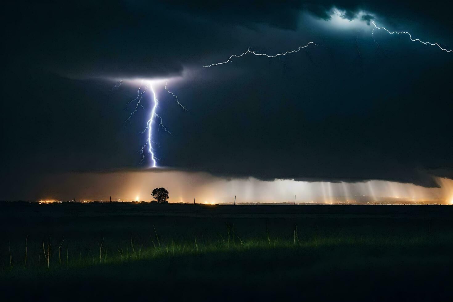 ai genererad blixt- strejker över en fält på natt foto