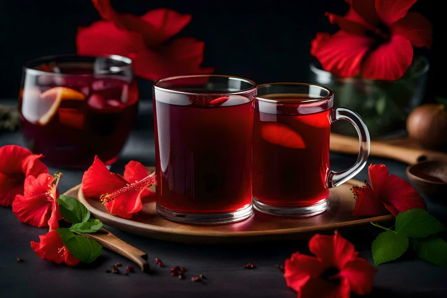 ai genererad röd te med hibiskus blommor och röd blommor foto