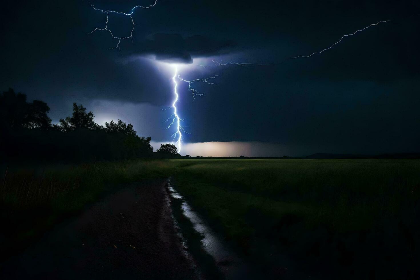 ai genererad en blixt- bult är sett i de himmel över en fält foto