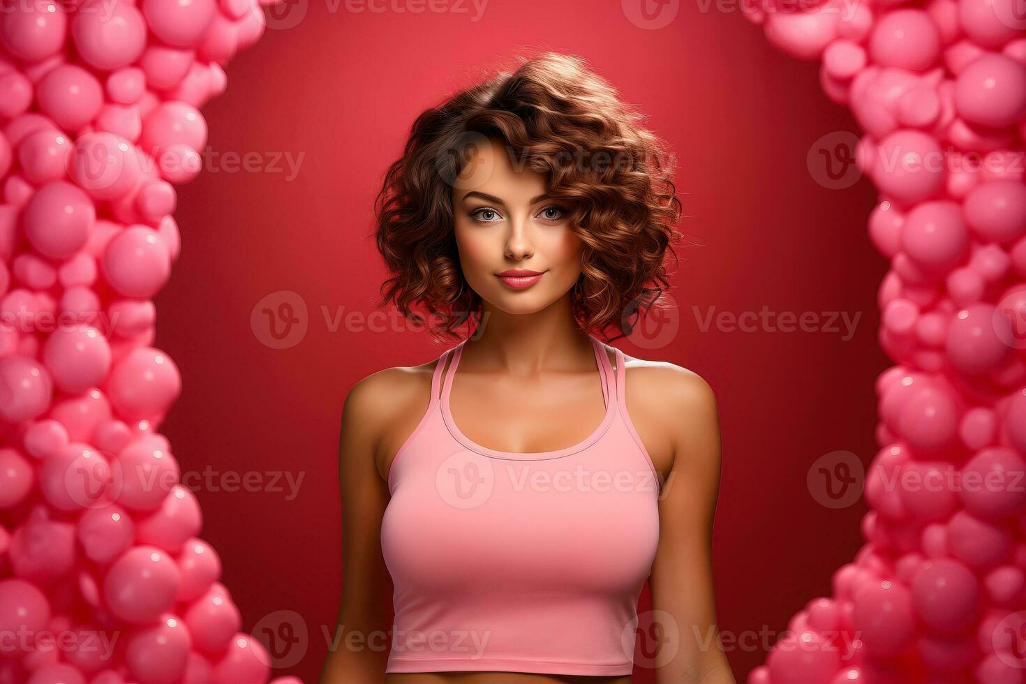 ai genererad bild av en europeisk söt flicka med lockigt hår på en rosa bakgrund. foto